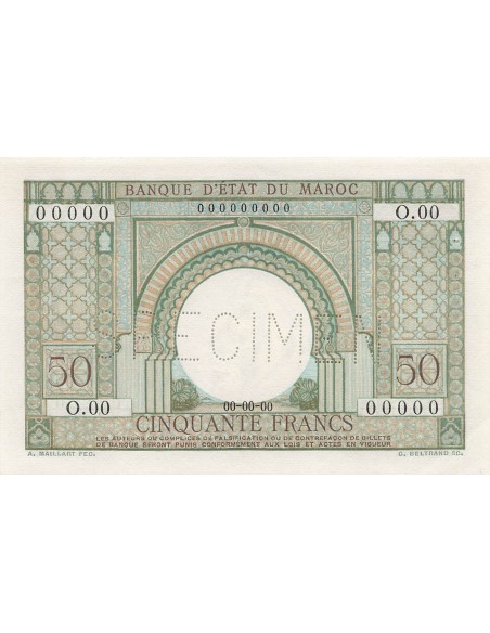 Maroc 50 Francs - ND (1949) - Specimen - P.44 50 francs 1949