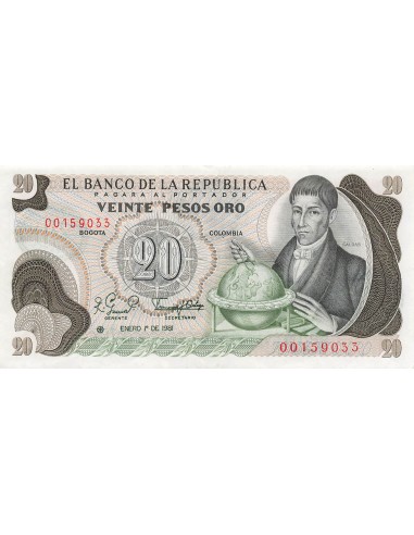 Colombie 20 Pesos Oro - 1981 - Remplacement - P.409 20 pesos oro 1981