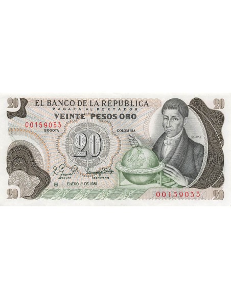 Colombie 20 Pesos Oro - 1981 - Remplacement - P.409 20 pesos oro 1981