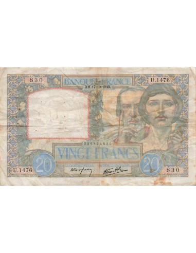 20 Francs Science et Travail - 17-10-1940 - Série U.1476 20 francs 1940