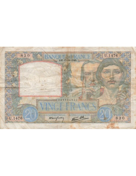 20 Francs Science et Travail - 17-10-1940 - Série U.1476 20 francs 1940