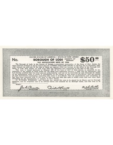 USA 50 Dollars - New Jersey - Lodi - Tax Anticipation Note 50 dollars 1936