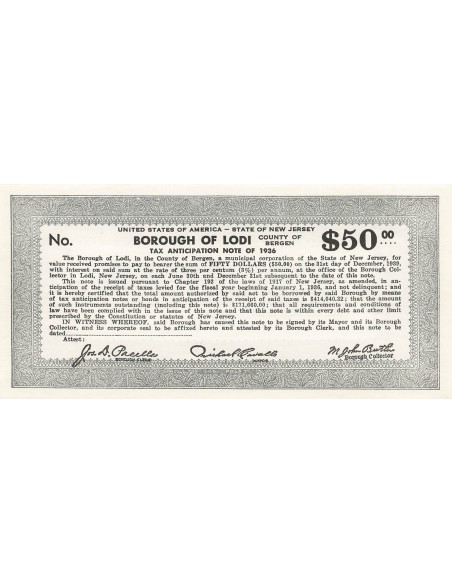 USA 50 Dollars - New Jersey - Lodi - Tax Anticipation Note 50 dollars 1936