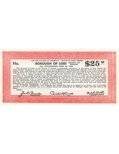 USA 25 Dollars - New Jersey - Lodi - Tax Anticipation Note 25 dollars 1936