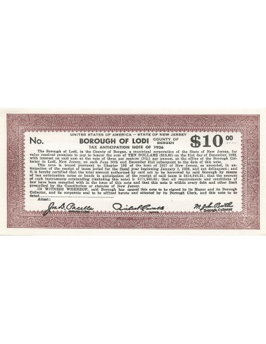 USA 10 Dollars - New Jersey - Lodi - Tax Anticipation Note 10 dollars 1936