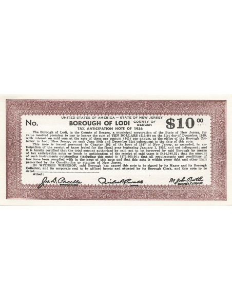 USA 10 Dollars - New Jersey - Lodi - Tax Anticipation Note 10 dollars 1936