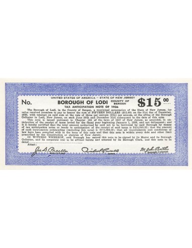 USA 15 Dollars - New Jersey - Lodi - Tax Anticipation Note 15 dollars 1936