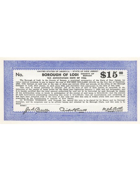 USA 15 Dollars - New Jersey - Lodi - Tax Anticipation Note 15 dollars 1936