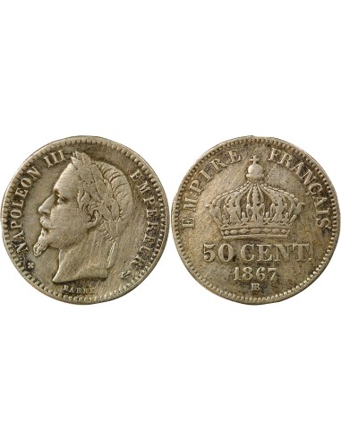 Tête Laurée 50 centimes Argent 1867 BB Strasbourg