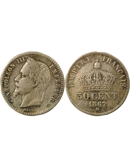 Tête Laurée 50 centimes Argent 1867 BB Strasbourg