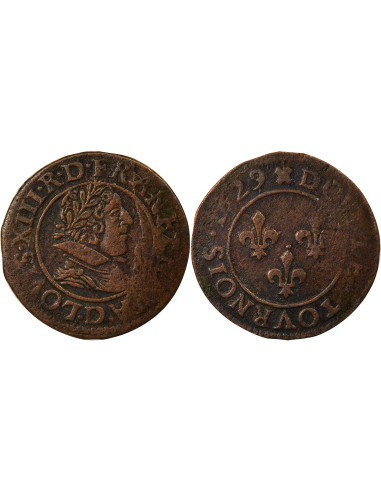 Louis XIII 6e Type 1 double tournois Cuivre 1629 D Lyon