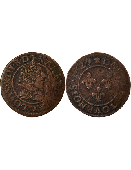 Louis XIII 6e Type 1 double tournois Cuivre 1629 D Lyon