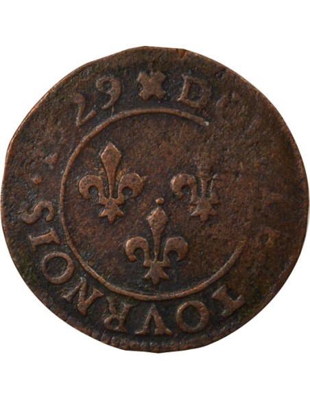 Louis XIII 6e Type 1 double tournois Cuivre 1629 D Lyon
