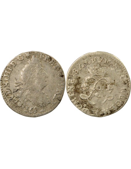 Louis XIV Aux Deux L 4 sols Argent 1692 H La Rochelle