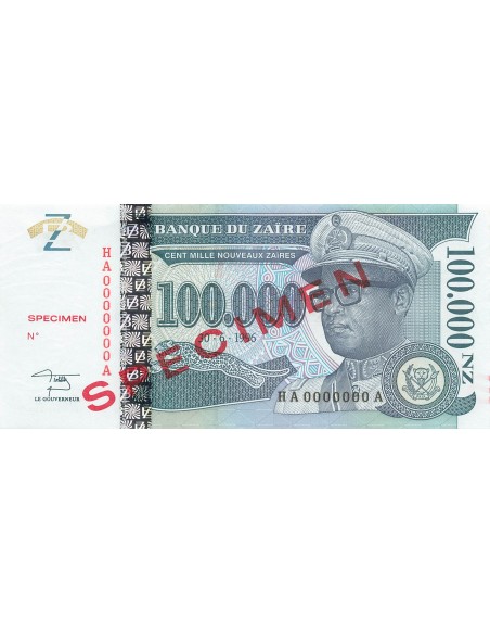 Zaïre 100000 Nouveaux Zaïres - 30-06-1996 - Specimen - P.77A 100000 nvx zaires 1996