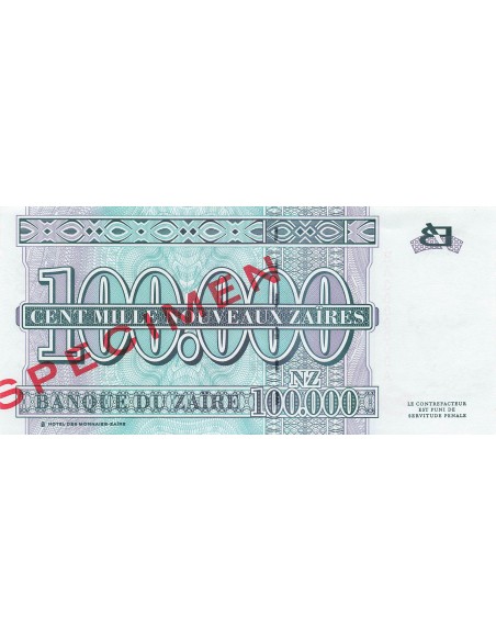 Zaïre 100000 Nouveaux Zaïres - 30-06-1996 - Specimen - P.77A 100000 nvx zaires 1996