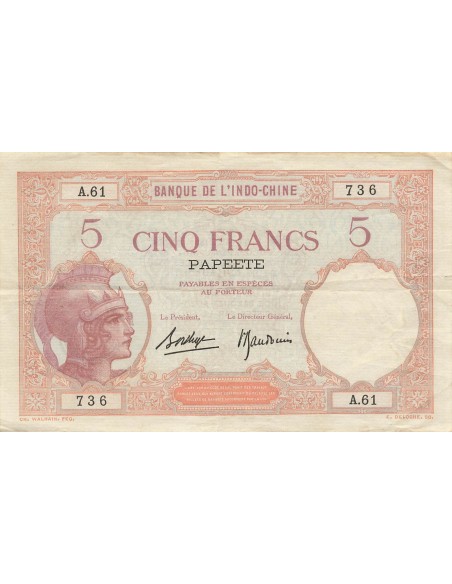 Tahiti 5 Francs - Femme casquée -  ND (1927) - P.11 5 francs 1927
