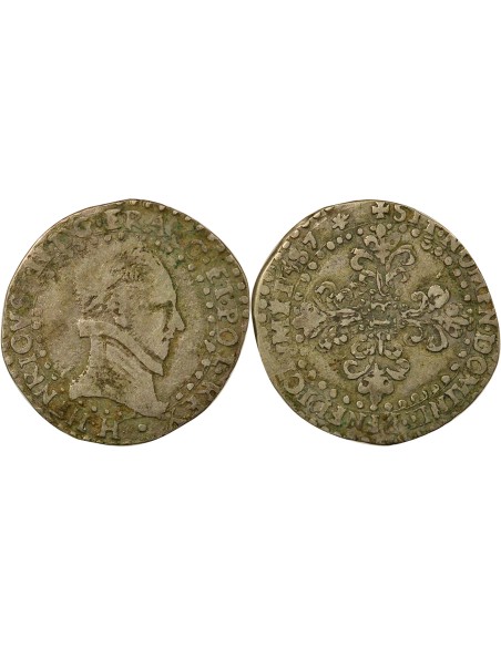 Henri III au Col Plat 1/4 franc Argent 1587 H La Rochelle