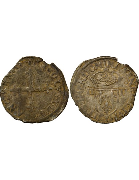 Charles X Cardinal de Bourbon Croix de Face 1/4 écu Argent 1581 T Nantes