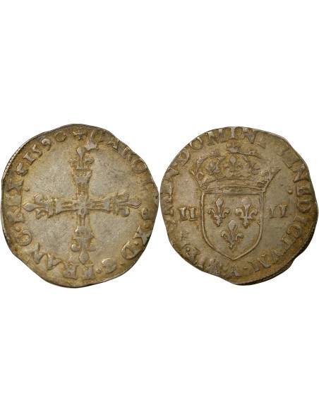 Charles X Cardinal de Bourbon Croix de Face 1/4 écu Argent 1590 A - Paris