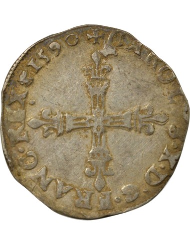 Charles X Cardinal de Bourbon Croix de Face 1/4 écu Argent 1590 A - Paris