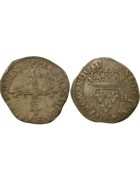 Henri III Croix de Face 1/4 écu Argent 1589 9 Rennes