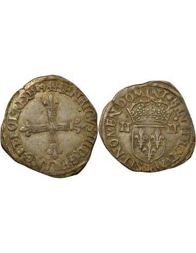 Henri III Croix de Face 1/4 écu Argent 1589 T Nantes