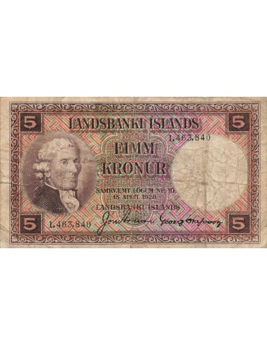 Islande 5 Kronur - Jon Eriksson - 15-04-1928 - P.27 5 kronur 1928