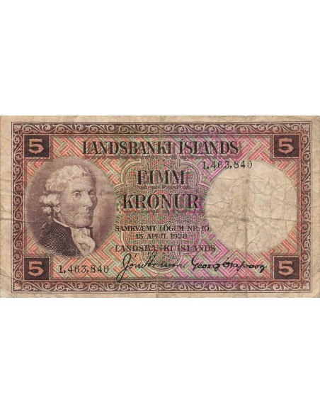 Islande 5 Kronur - Jon Eriksson - 15-04-1928 - P.27 5 kronur 1928
