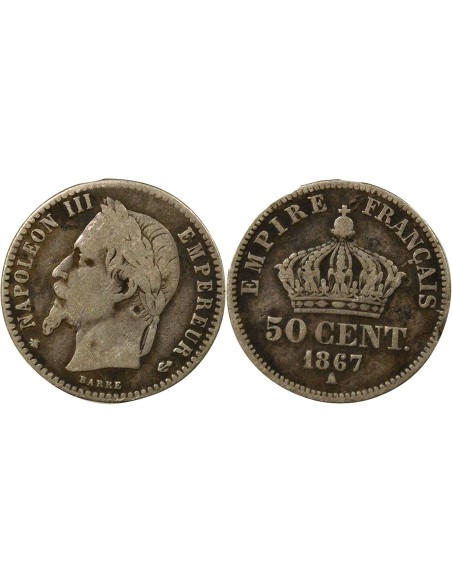 Napoléon III Tête Laurée 50 centimes Argent 1867 A - Paris