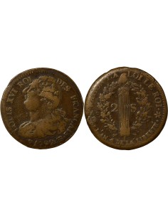 Louis XVI au Faisceau 2 sols Cuivre 1792 BB Strasbourg