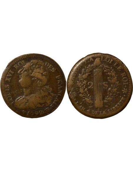 Louis XVI au Faisceau 2 sols Cuivre 1792 BB Strasbourg