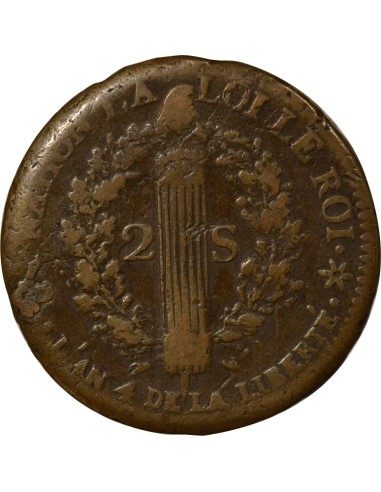 Louis XVI au Faisceau 2 sols Cuivre 1792 BB Strasbourg