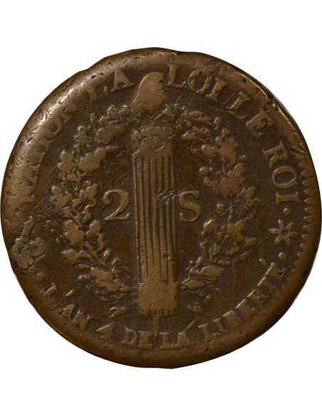 Louis XVI au Faisceau 2 sols Cuivre 1792 BB Strasbourg