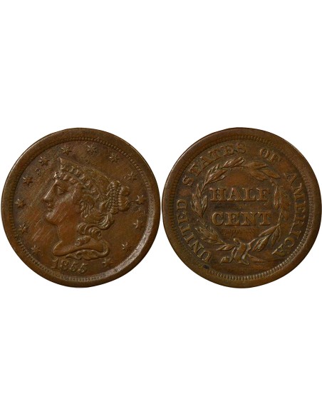 Etats Unis d'Amérique Braided Hair 1/2 cent Cuivre 1855 Philadelphie