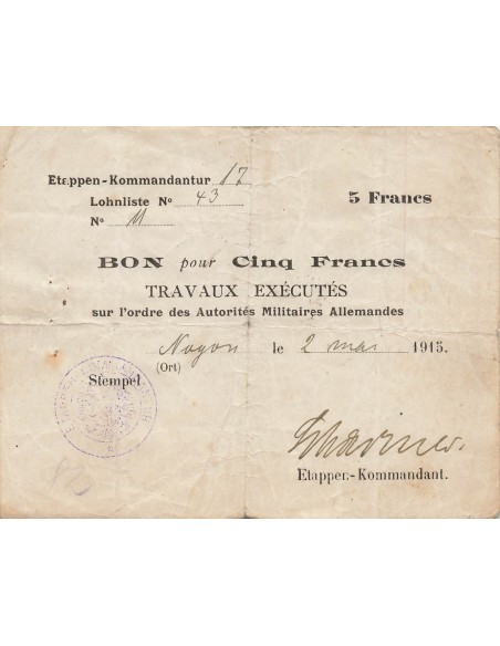 5 Francs - Travaux pour autorités allemandes - 1915 - Noyon - P.M8 5 francs 1915