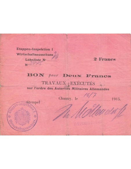 2 Francs - Travaux pour autorités allemandes - 1915 - Chauny - P.M3 2 francs 1915