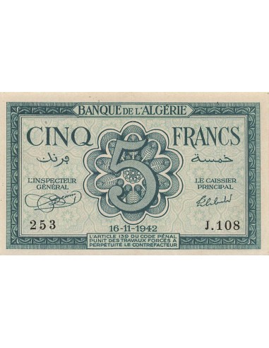 Algérie 5 Francs - 16-11-1942 - P.91 5 francs 1942