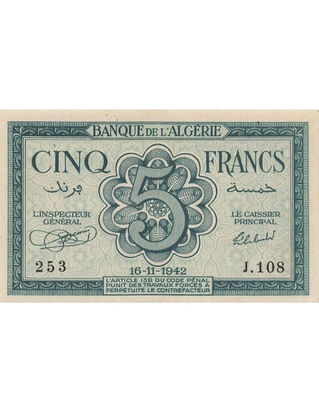 Algérie 5 Francs - 16-11-1942 - P.91 5 francs 1942