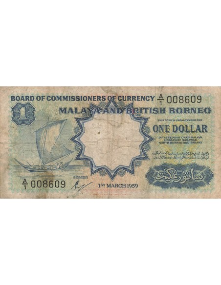 Malaya et Bornéo 1 Dollar - 1959 - Petit numéro - P.8 1 dollar 1959
