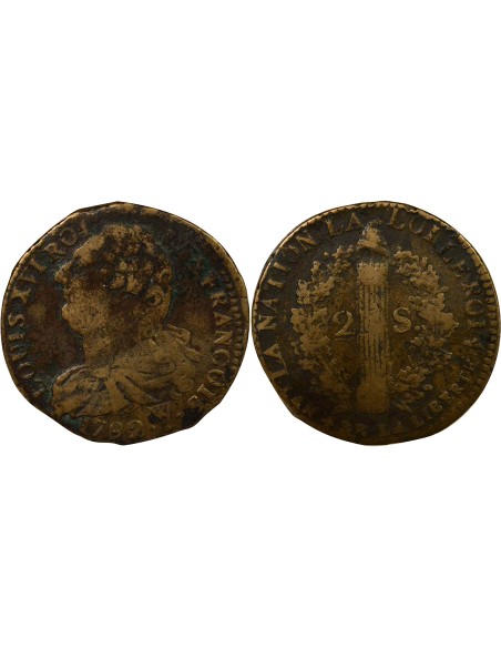 Louis XVI au Faisceau 2 sols Cuivre 1792 Arras