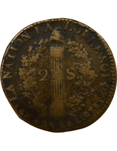 Louis XVI au Faisceau 2 sols Cuivre 1792 Arras