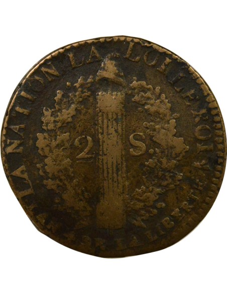 Louis XVI au Faisceau 2 sols Cuivre 1792 Arras