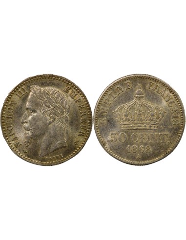 Napoléon III Tête Laurée 50 centimes Argent 1868 A - Paris