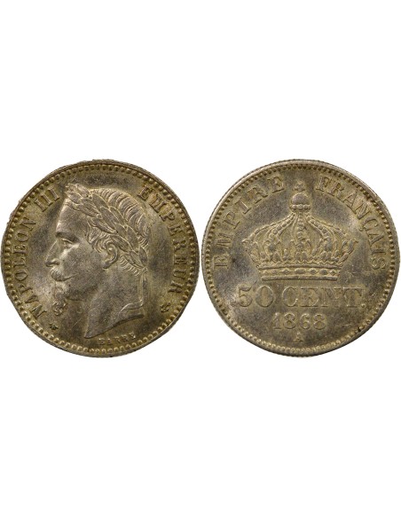 Napoléon III Tête Laurée 50 centimes Argent 1868 A - Paris