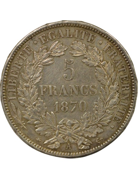 avec Légende 5 francs Argent 1870 A - Paris