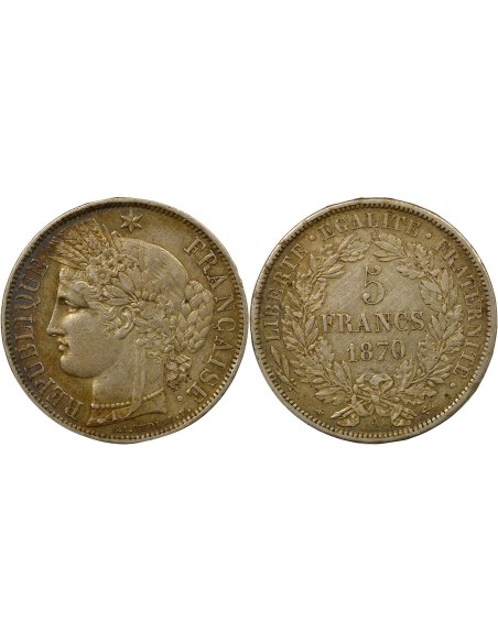 avec Légende 5 francs Argent 1870 A - Paris