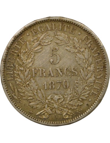 avec Légende 5 francs Argent 1870 A - Paris
