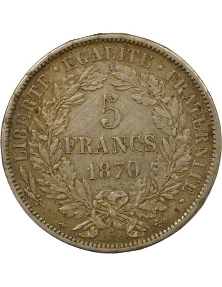 avec Légende 5 francs Argent 1870 A - Paris