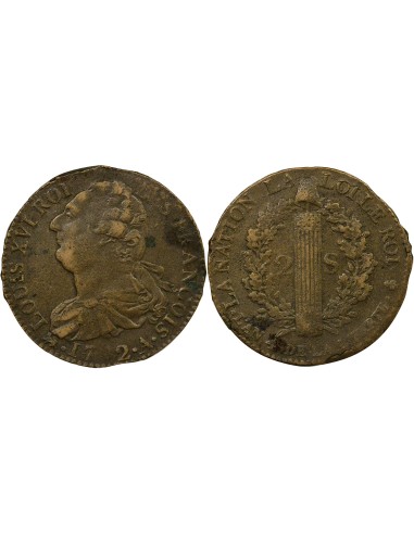 Louis XVI au Faisceau 2 sols Cuivre 1792 A - Paris